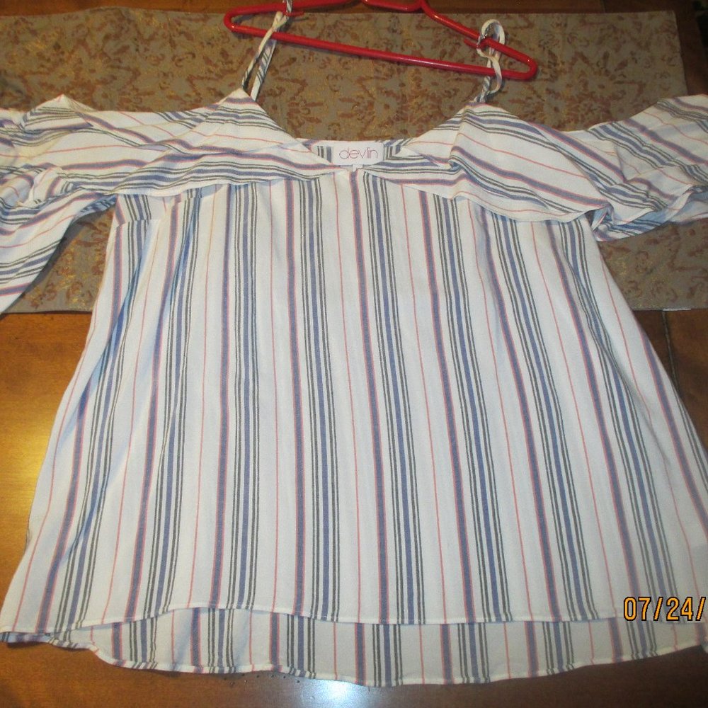 Devlin Women's Size Large Cold Off Shoulder Striped Ruffle Top Blue Blouse Shirt
